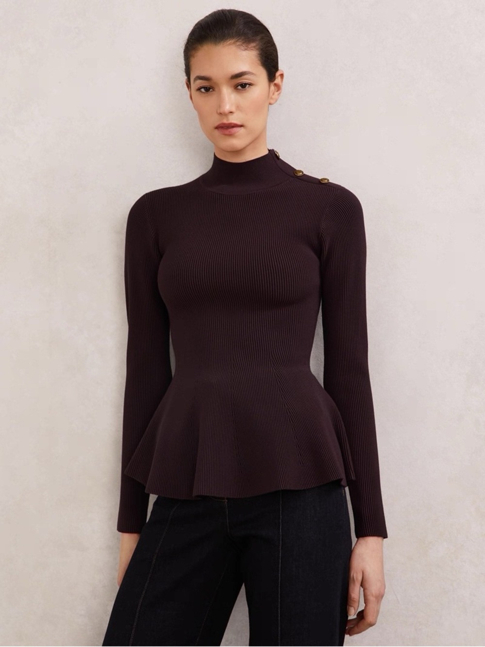 Reiss Isabella Peplum-Hem Stretch-Knit Top burgundy,XS S M L